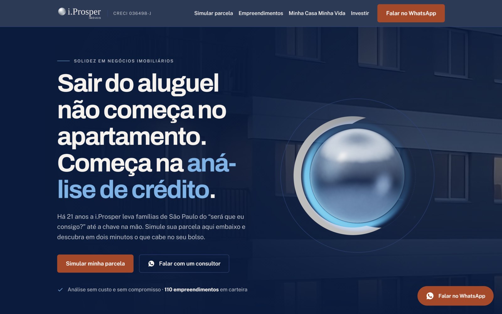 P&aacute;gina inicial do site da i.Prosper Im&oacute;veis, com o t&iacute;tulo sobre an&aacute;lise de cr&eacute;dito